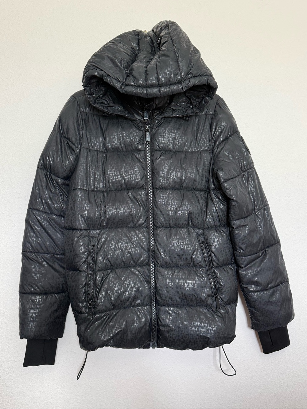 Michael Kors Women's Hooded Bib Puffer Coat Jacket Black Print • X•Small | EUC